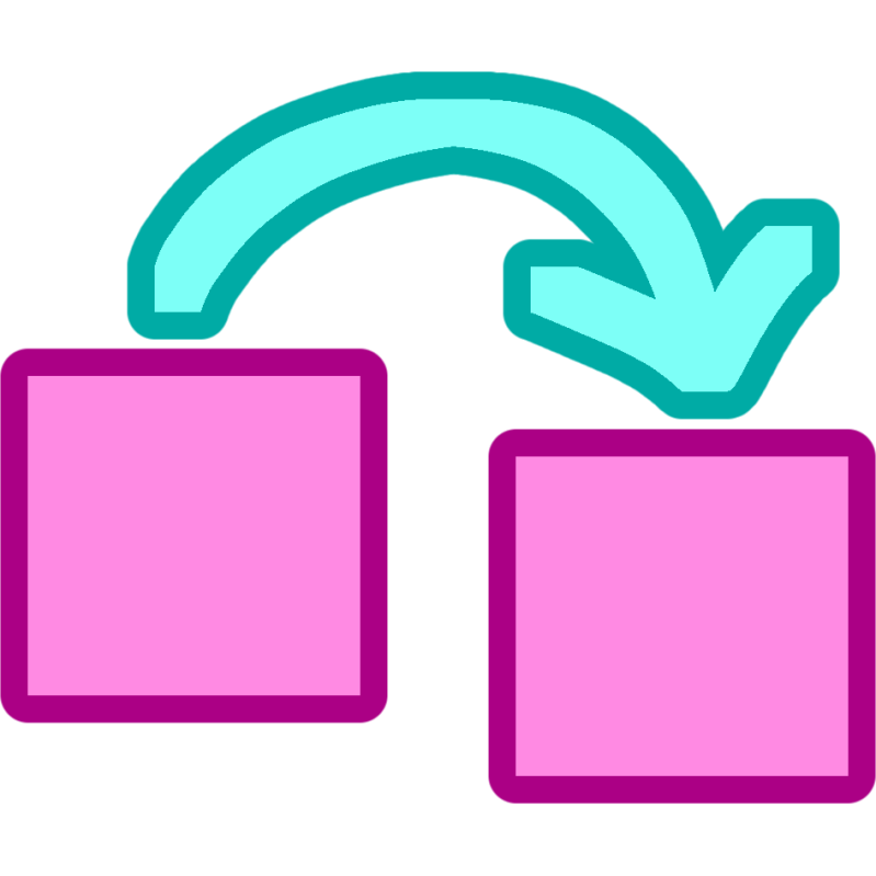 ID: a pink square with a darker pink outline on the left, and another pink square next to it on the right but slightly lower. there’s a teal arrow with a darker teal outline going from the left square to the right square 
